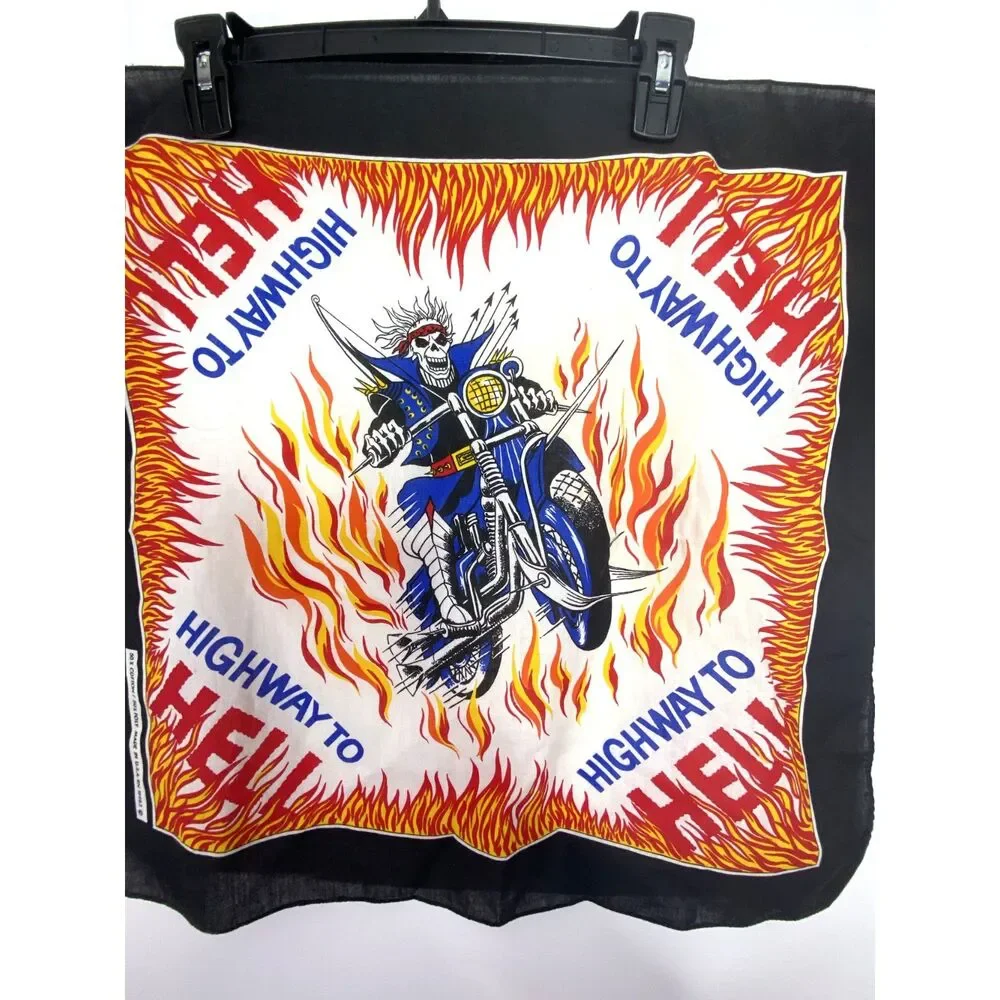 Vintage 80s Biker Skull Bandana USA Made Rocker Metalhead Highway To Hell Scarf